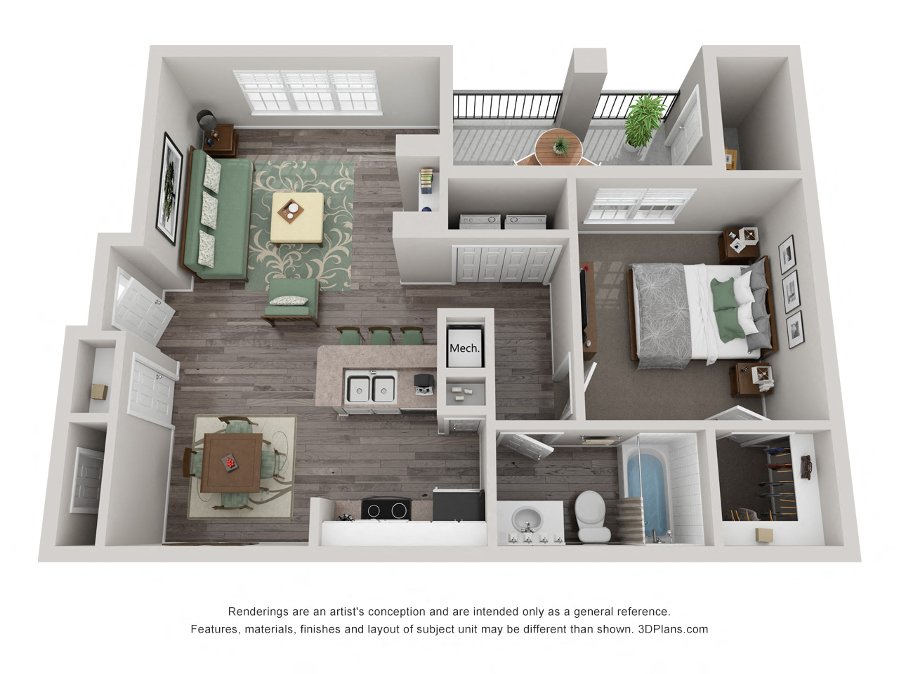 Floor plan for 1 bed, 1 bath, 689 sqft